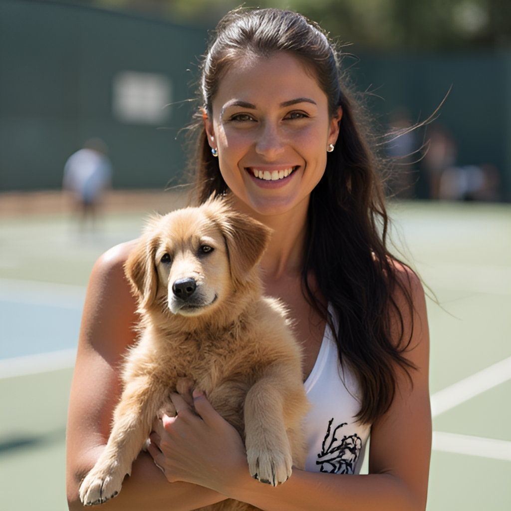 A portrait of Jessica Pegula off-court, perhaps smiling with a trophy or interacting with a service dog from her foundation