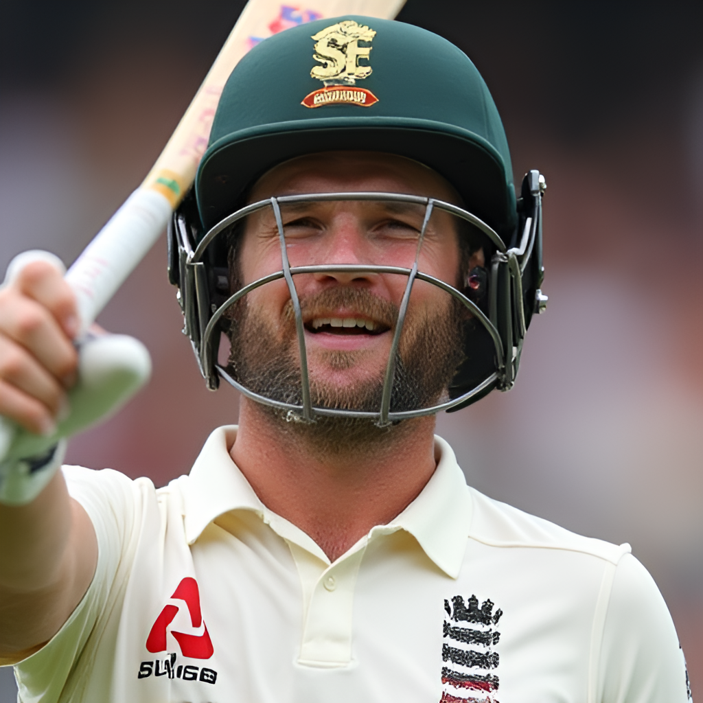 A close-up, expressive portrait of Ben Duckett celebrating a century, helmet off, bat raised, looking towards the stands with a jubilant, authentic smile, capturing his personality and passion for cricket.